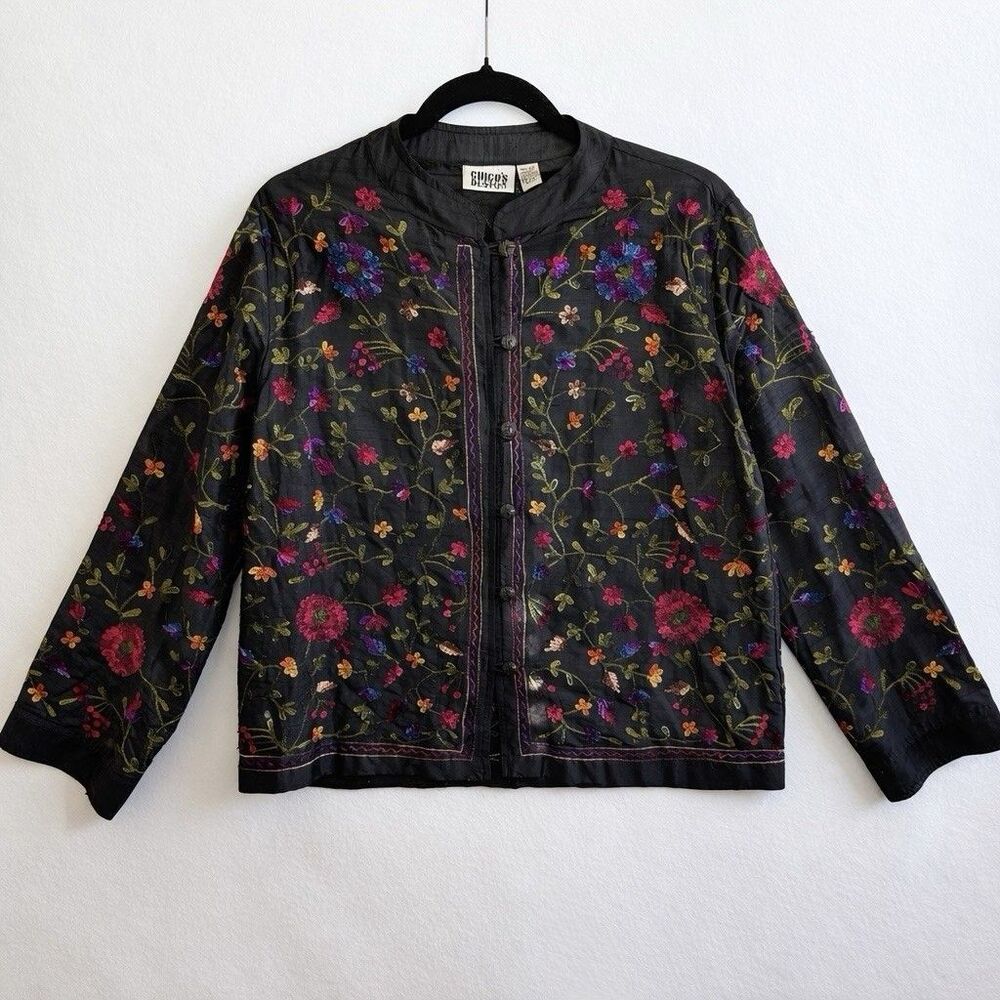 Chico's Design Silk Embroidered Jacket Sz 1 Black Floral India Mandarin Collar
